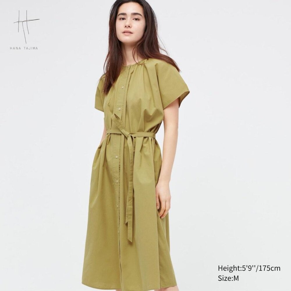 UNIQLO Cotton Dobby Belted Short-Sleeve Dress (Hana Tajima) Size M